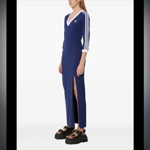 adidas Adicolor Blue Three-Stripe Side-Slit Maxi Dress with blush pink trim